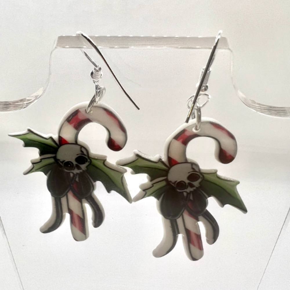 Skull Candy Cane Earrings - Christmas Earrings - Halloween Earrings - Goth Earri - Picture 4 of 7